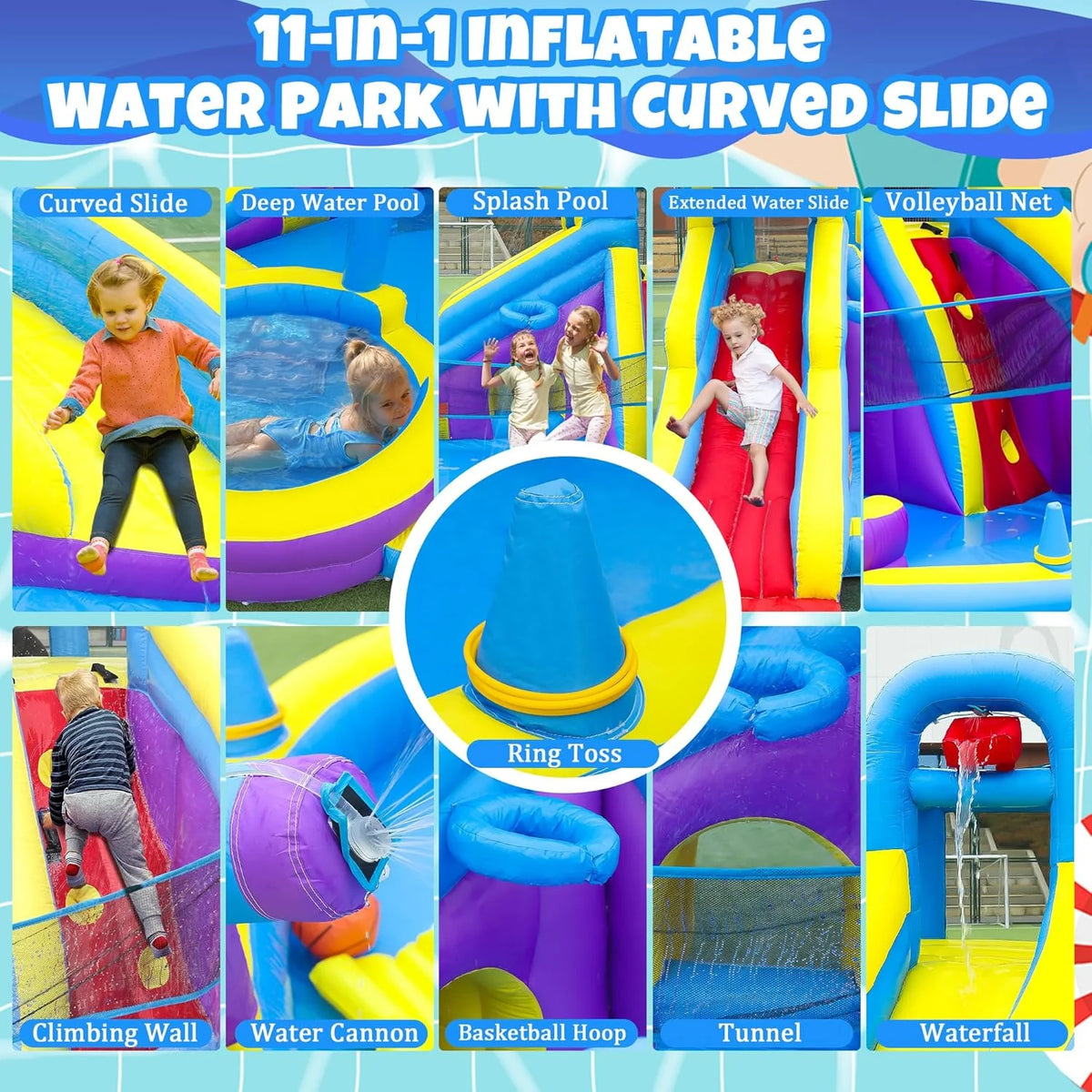 Dolphin Inflatable Water Slide Bounce House, 11-in-1, 2 Long Slides, 19.7 Ft x 13.1 Ft - 550W Blower