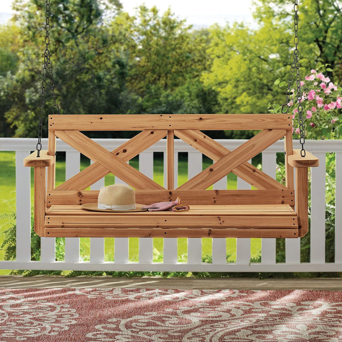 Backyard Discovery Cedar Wood Farmhouse Outdoor Porch Swing Bench, 55in, Light Brown, 600 Lbs Capacity