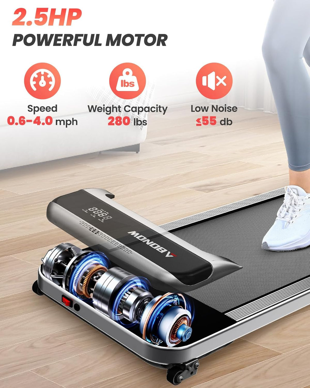 Abonow Under Desk Walking Pad Treadmill With 2.5HP Motor, 280 Lbs Capacity, 8% Incline