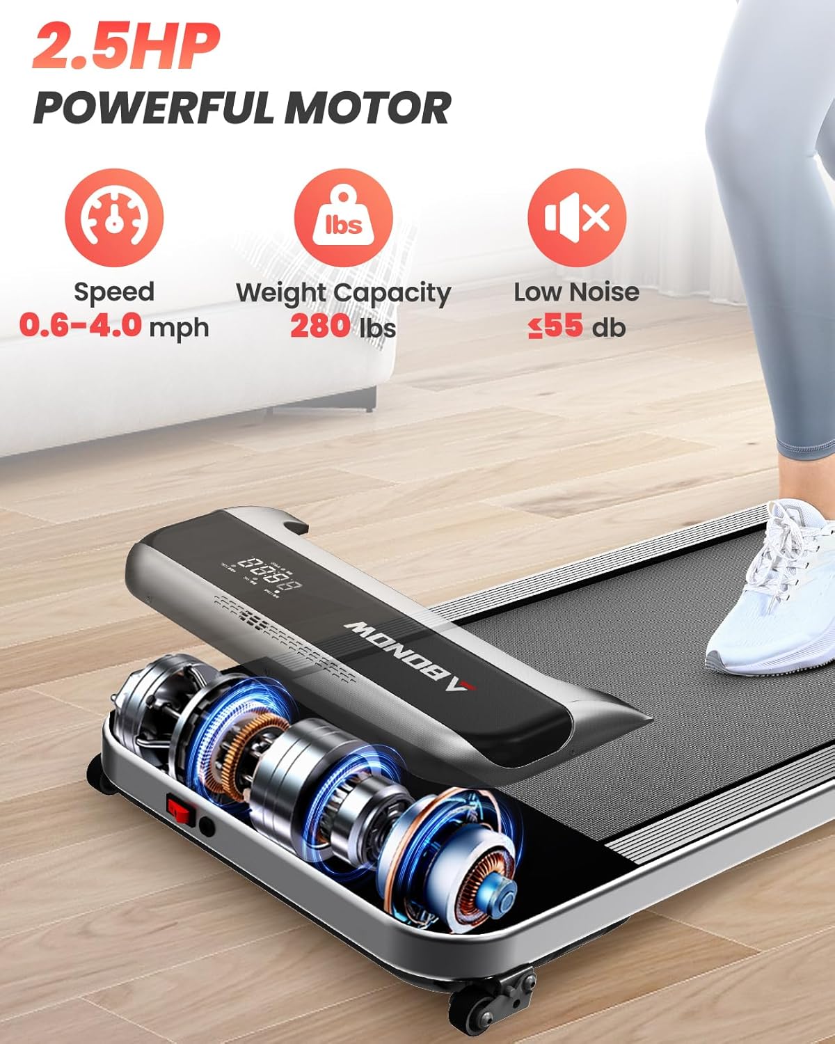 Abonow Under Desk Walking Pad Treadmill With 2.5HP Motor, 280 Lbs Capacity, 8% Incline