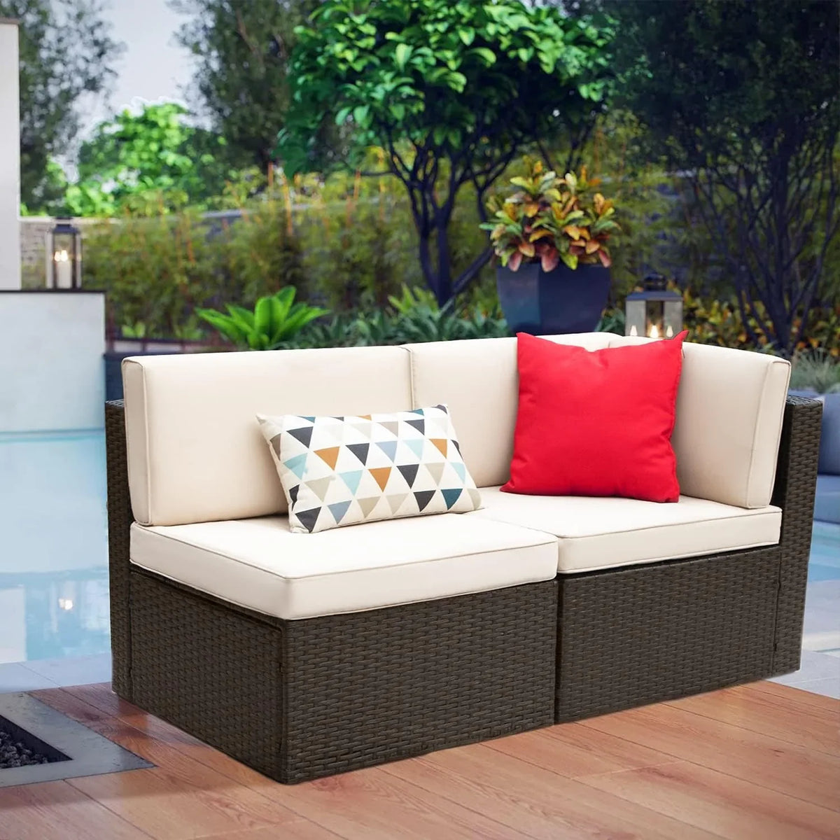 Devoko 5-Piece Outdoor Sectional Patio Sofa Set With Cushions And Glass Table - Beige