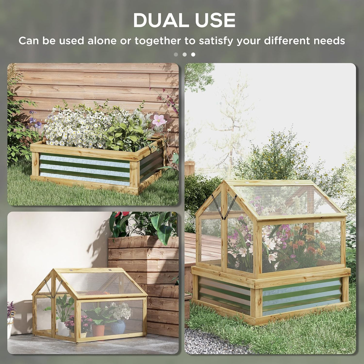 Raised Garden Bed With Polycarbonate Cold Frame Greenhouse, 35.5 x 31.5 x 36 in, Natural Wood