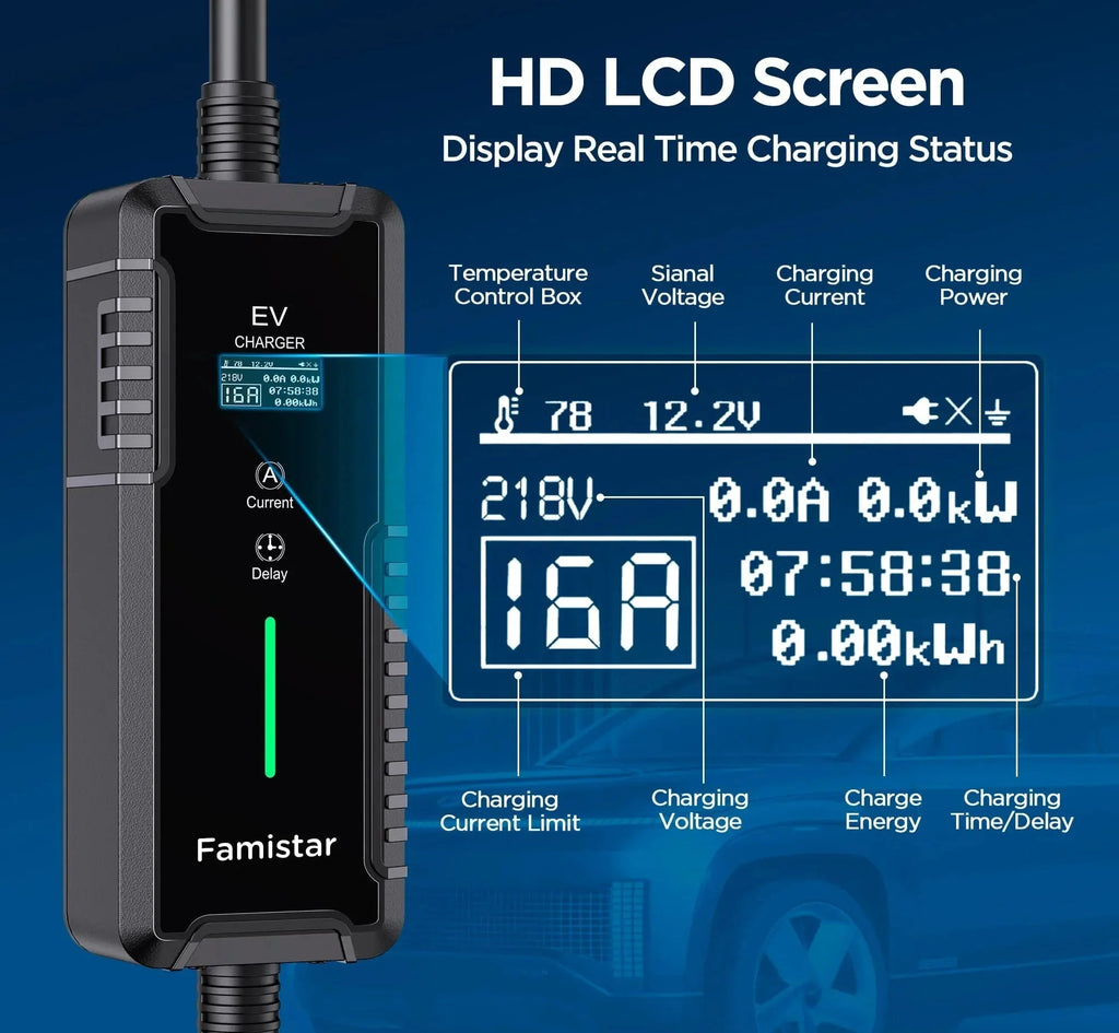 Famistar Portable Level 2 And Level 1 EV Charger, 16Amp 110-240V J1772 With 25ft Cord - UPC-B1-16AC