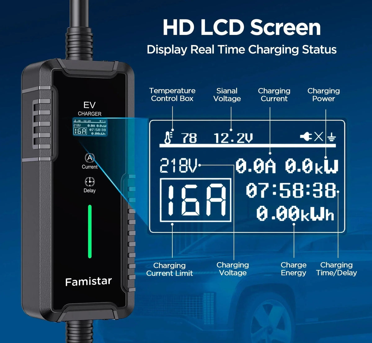 Famistar Portable Level 2 And Level 1 EV Charger, 16Amp 110-240V J1772 With 25ft Cord - UPC-B1-16AC