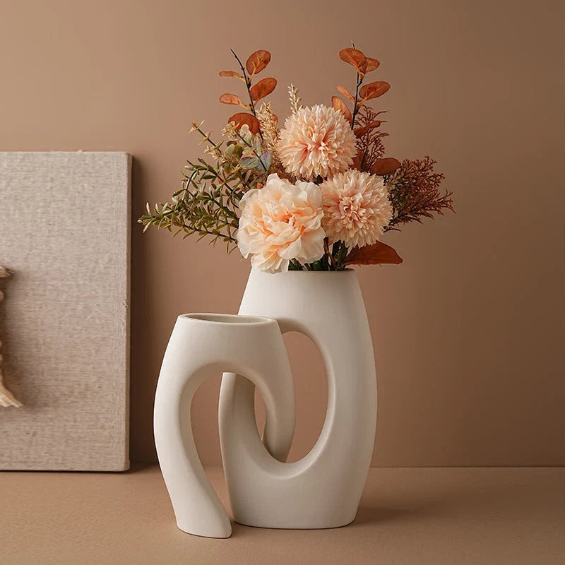 Ceramic Interlocking Tube Decorative Vase, Matte - 21 cm