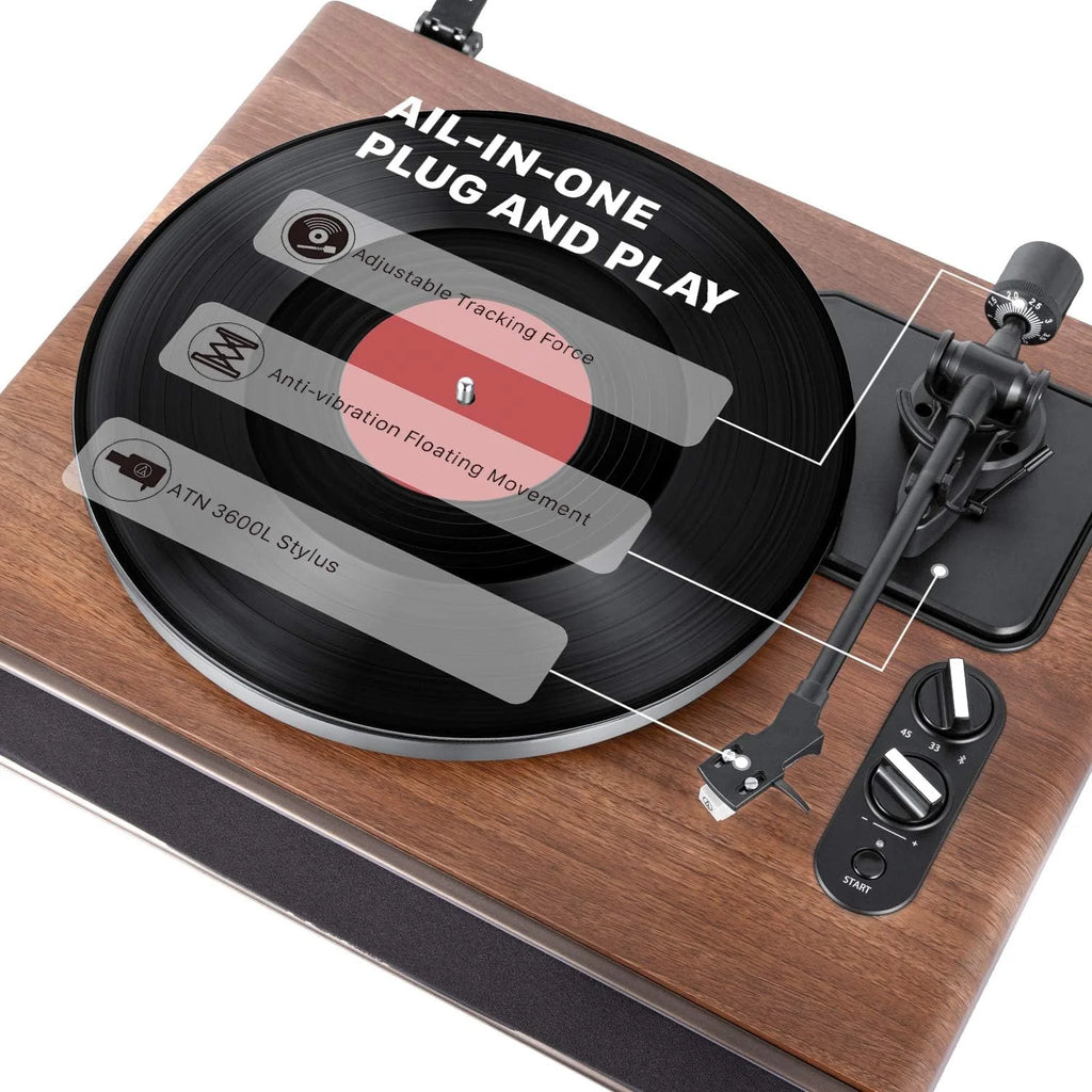 Belt Drive Turntable With Built-In Speakers, Bluetooth, Aux-In, Walnut