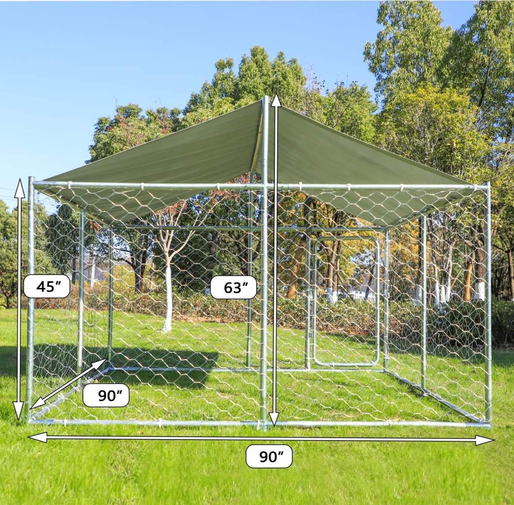 Haverchair Heavy Duty Outdoor Dog Kennel With Water and UV-Resistant Cover, Galvanized Steel, 90in L x 90in W x 63in H