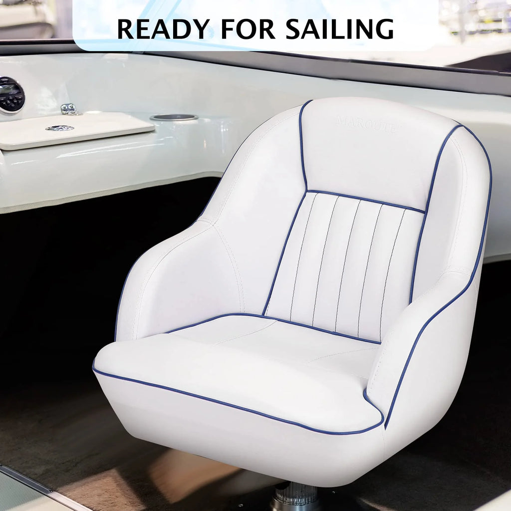 Pontoon Boat Captain's Bucket Seat, White & Blue, 19.5 in H x 22 in W x 21.5 in D - Boat Cabin Seating