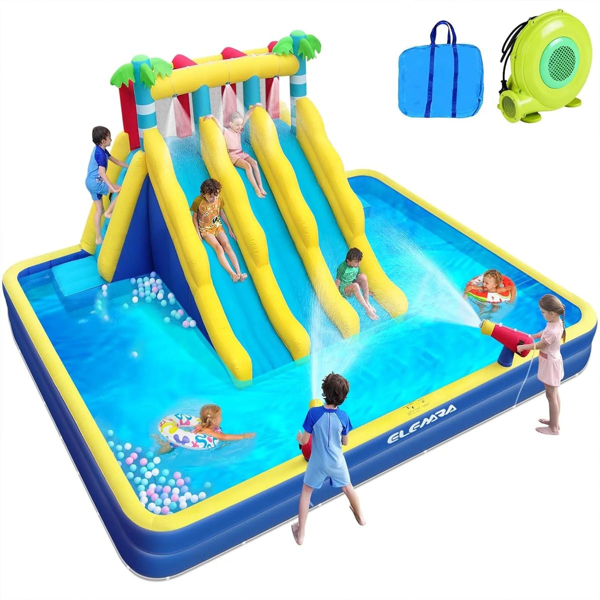 ELEMARA Inflatable Water Slide Water Park, 20.66x16.4FT, 3 Slides, 750W Air Blower, Blue