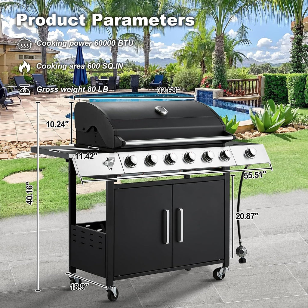4-Burner Propane Gas Grill With Cast Iron Grates, Side Stove And 44,000 BTU Stainless Steel Burners