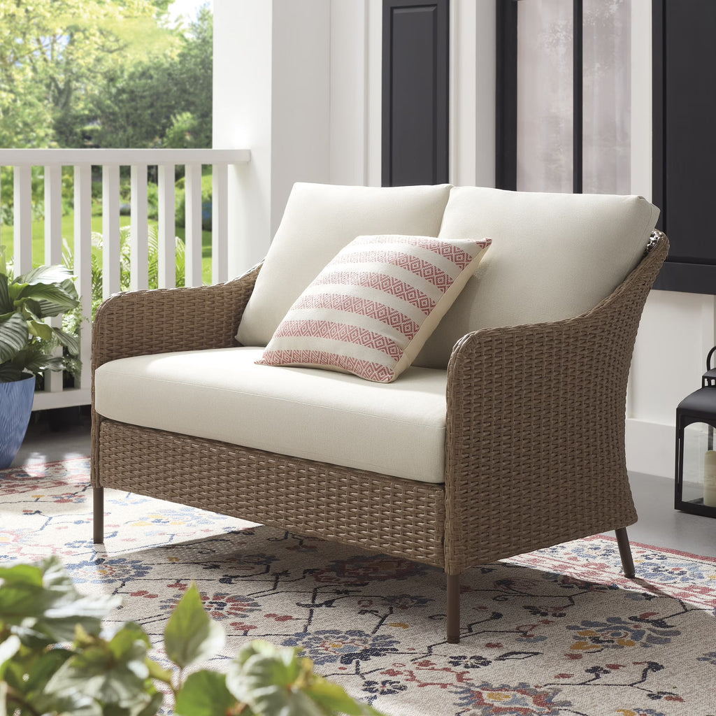 Mainstays Outdoor Patio Loveseat, Hand-Woven Wicker, 29.13in D x 46.25in W x 30.3in H - Chelsea