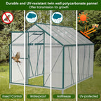 6'x10' Walk-In Greenhouse With 4mm 800G Polycarbonate Panels And Aluminum Frame - Green