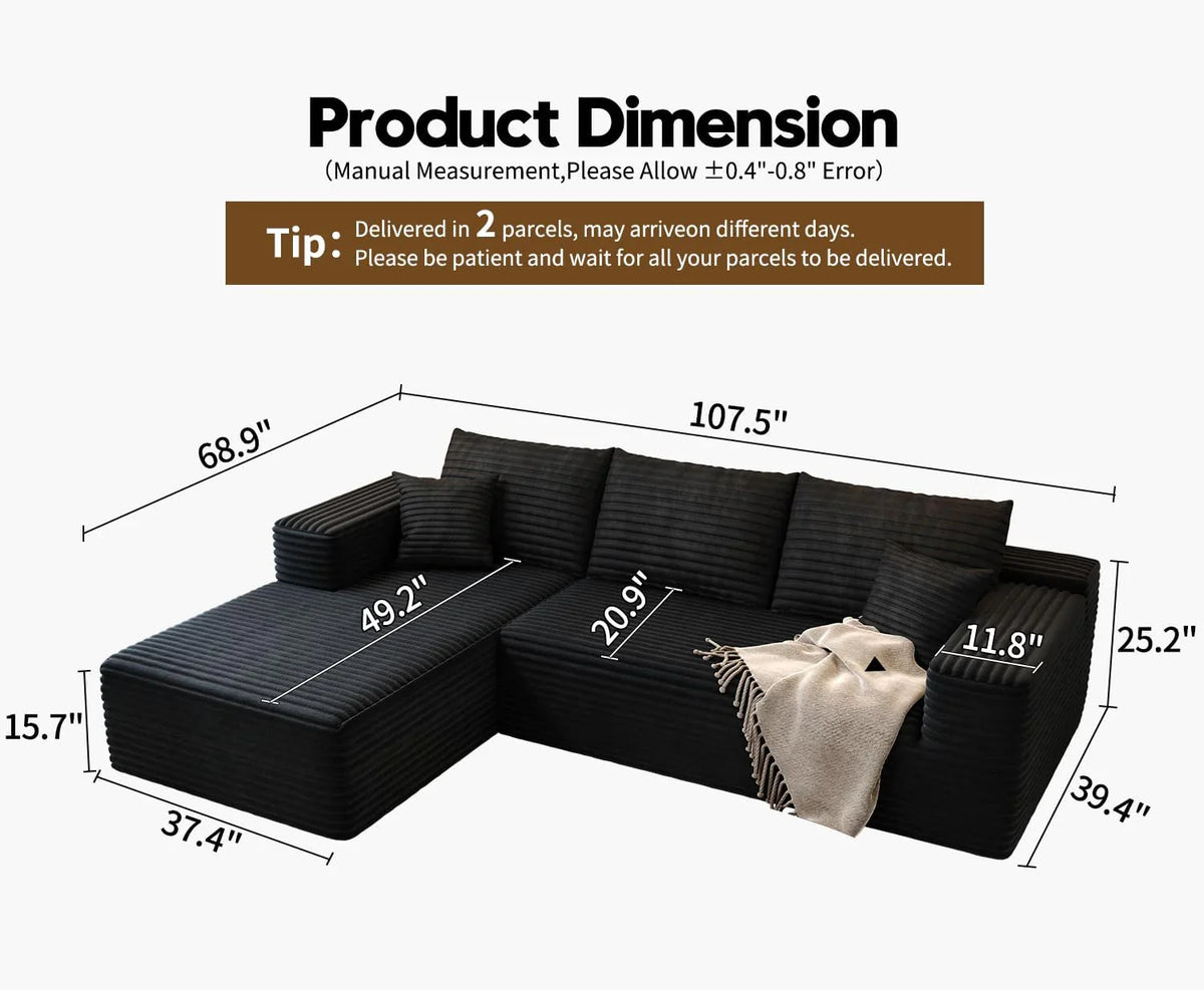 Settab Modular Sectional Sofa, 2 Seater Left-Facing Chaise, Black, 68.9 inch D x 107.5 inch W x 36.3 inch H