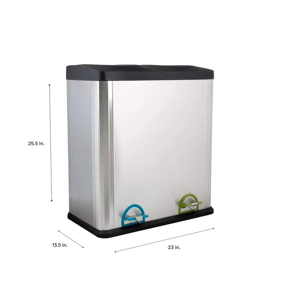 60L 2 Compartment Stainless Steel Recycling Bin With Step Pedal