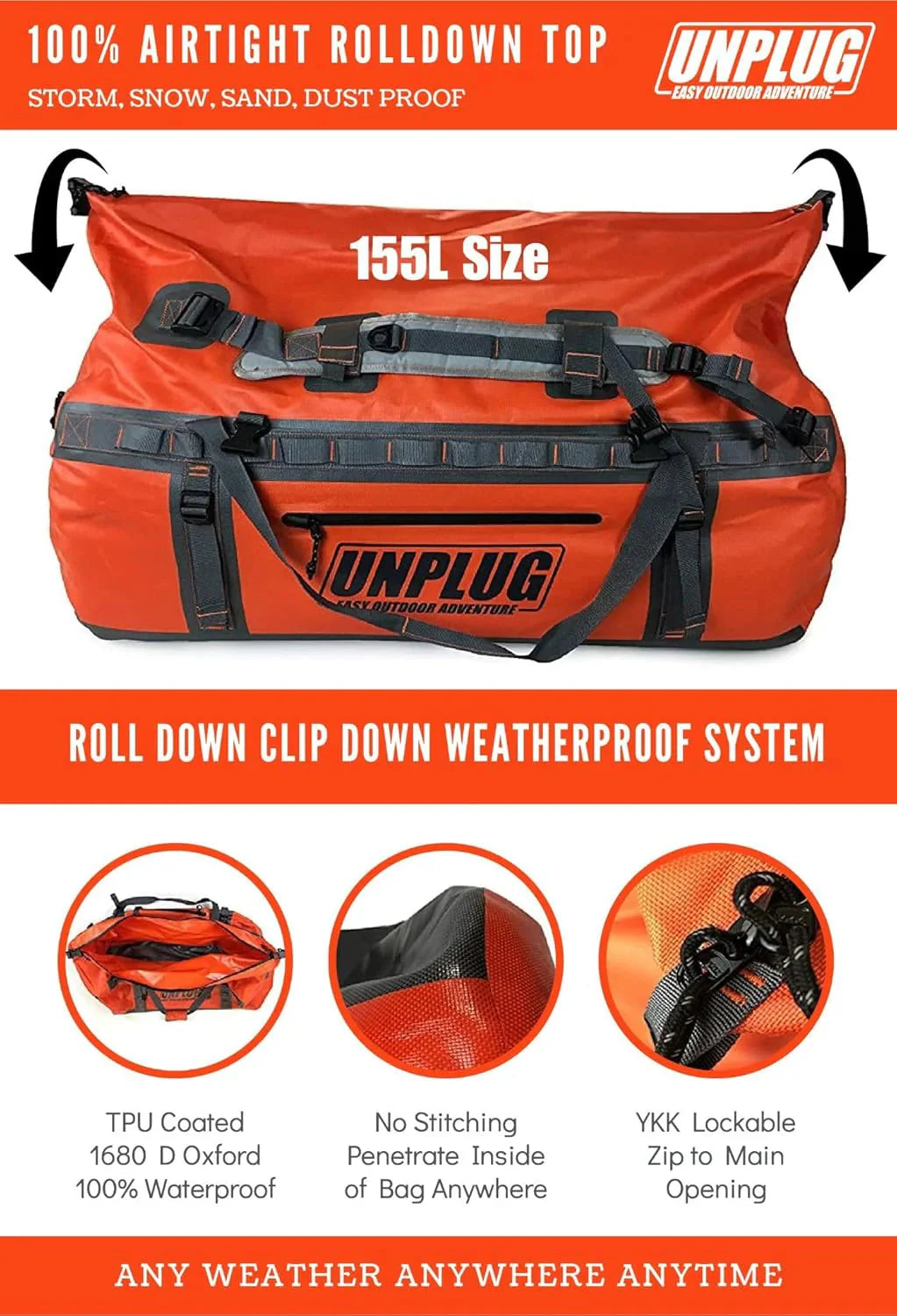 UNPLUG Waterproof Duffel Backpack, 65L, Adventure Orange - 100000