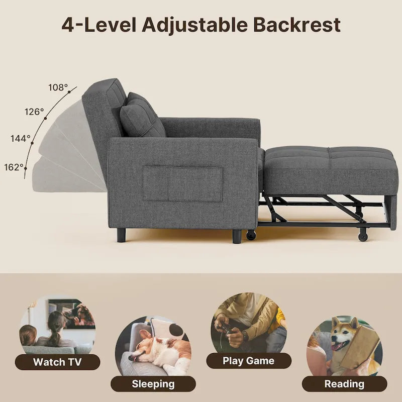 3-in-1 Pull-Out Sofa Bed Sleeper Chair, Adjustable Upholstered Lounge Couch