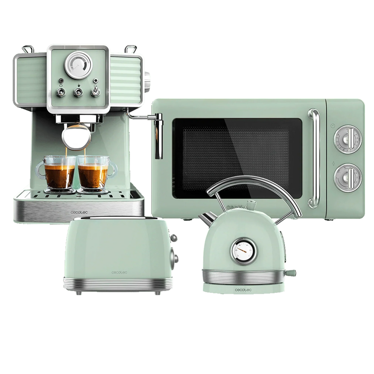 ProClean 3110 Retro Green Microwave Grill, Vintage 800 Toaster, Thermosense 420 Kettle, Power Espresso 20 Tradizionale - Light Green