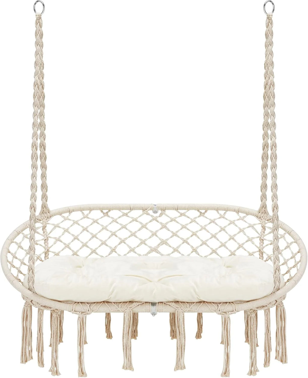 Macrame Hammock Chair Swing With Cushion, Cotton Ropes, Metal Frame, 55 x 21 in, 450 lbs Capacity, Beige - Double Swing