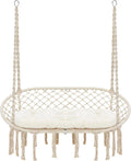 Macrame Hammock Chair Swing With Cushion, Cotton Ropes, Metal Frame, 55 x 21 in, 450 lbs Capacity, Beige - Double Swing