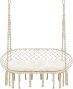Macrame Hammock Chair Swing With Cushion, Cotton Ropes, Metal Frame, 55 x 21 in, 450 lbs Capacity, Beige - Double Swing