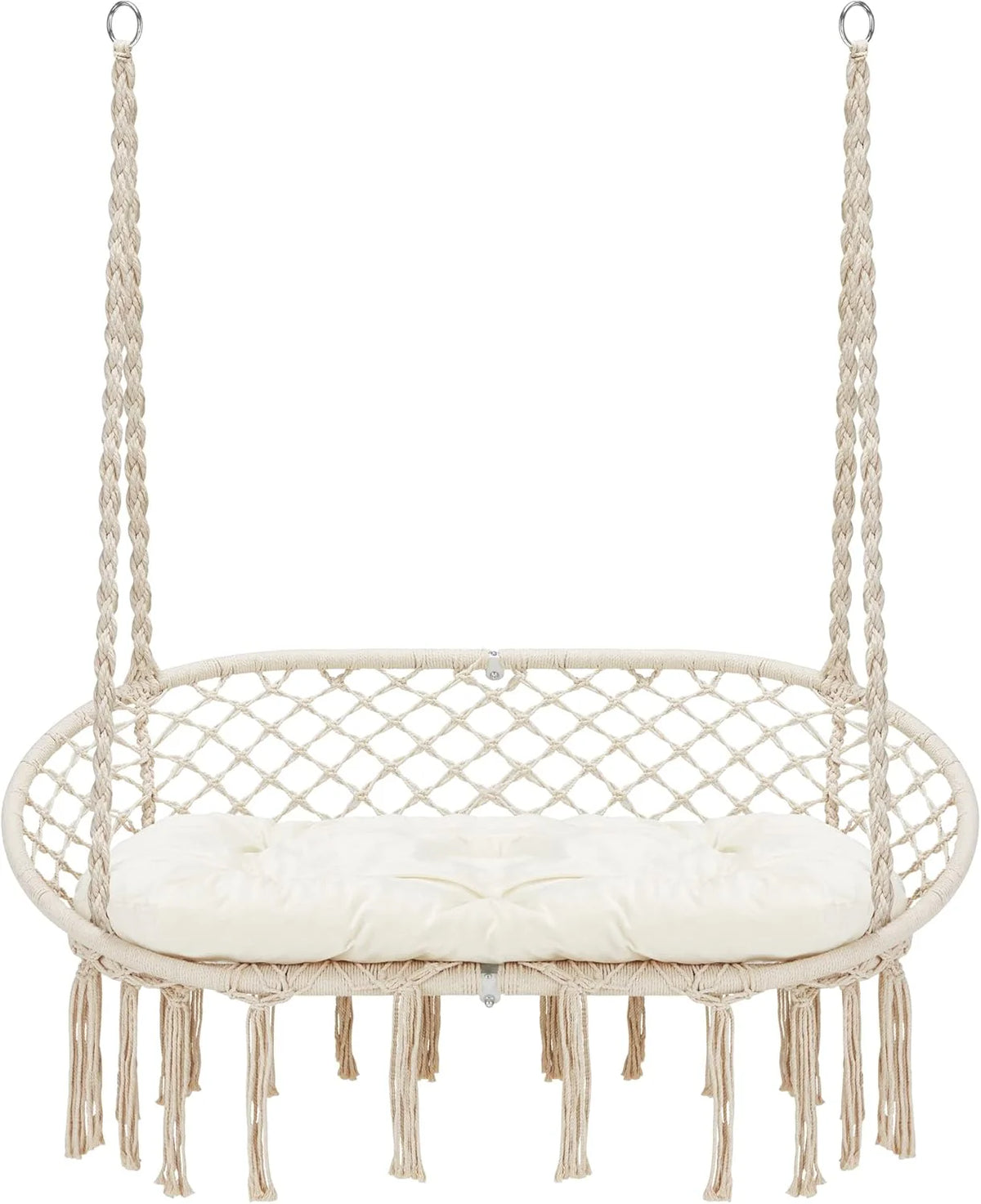 Macrame Hammock Chair Swing With Cushion, Cotton Ropes, Metal Frame, 55 x 21 in, 450 lbs Capacity, Beige - Double Swing