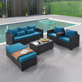 6-Piece PE Rattan Wicker Patio Conversation Set With Furniture Cover, Peacock Blue - Rattan Storage Table
