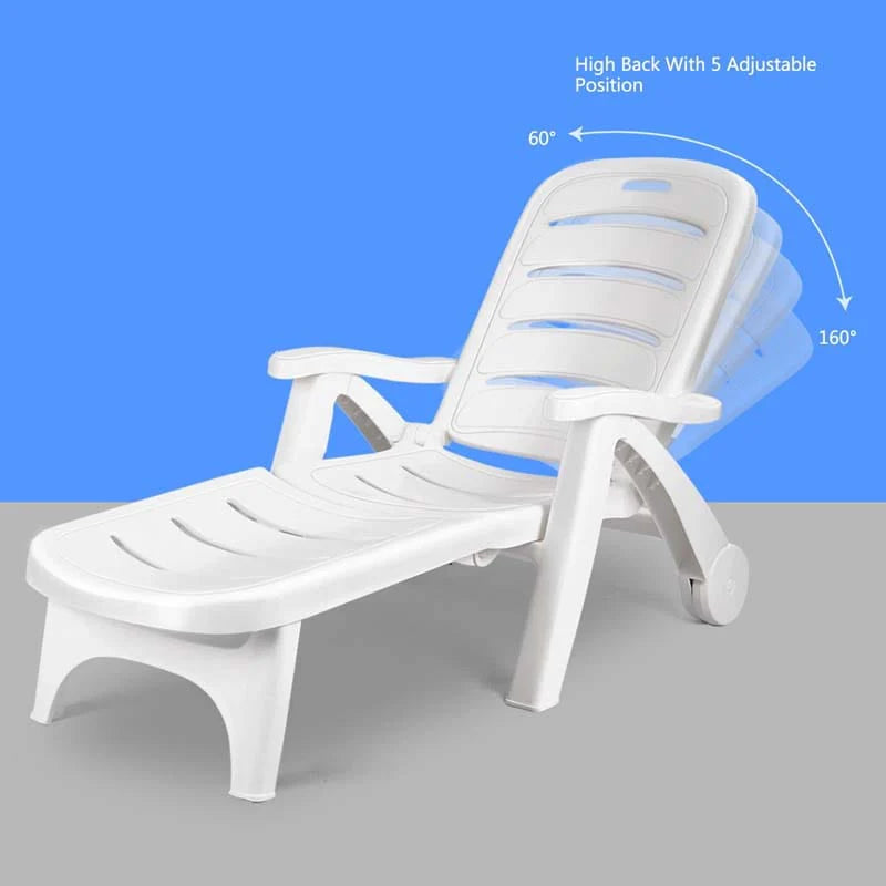 Rolling Folding Plastic Pool Lounge Chair With Armrests, 5 Position - Patio Deck Beach Chair