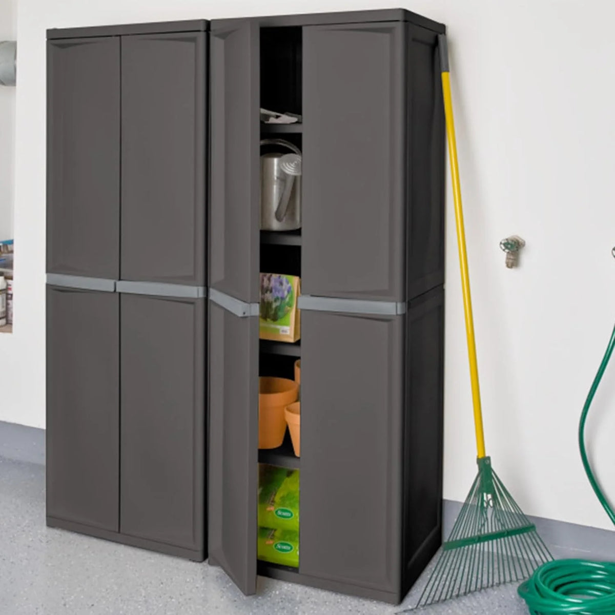 Sterilite Plastic Storage Cabinet, Flat Gray, 4 Adjustable Shelves, 2 Pack - 01423V01 / 0142