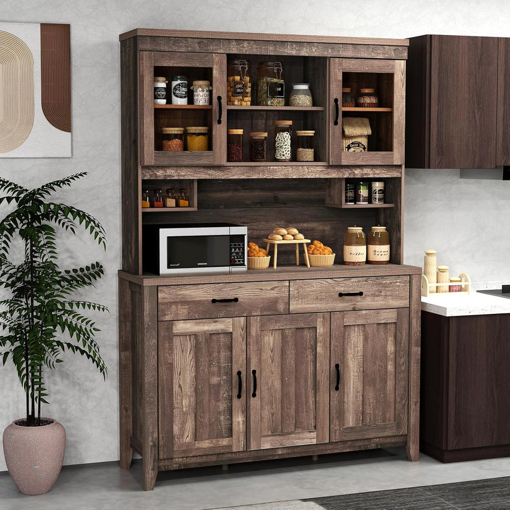 Kitchen Storage Cabinet With Glass Doors, Drawers, Adjustable Shelves, 78.5-Inch High - Rustic Brown