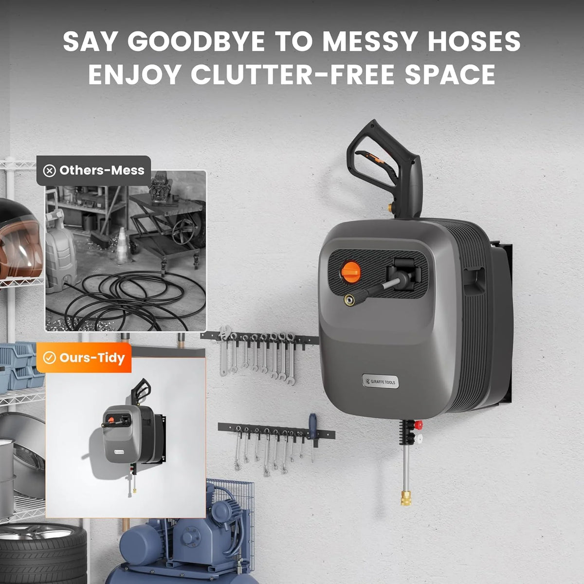Giraffe Tools Wall-Mounted Pressure Washer, 2500 PSI, 2.2 GPM, 65 FT Hose, Dark Silver - G20 Pro