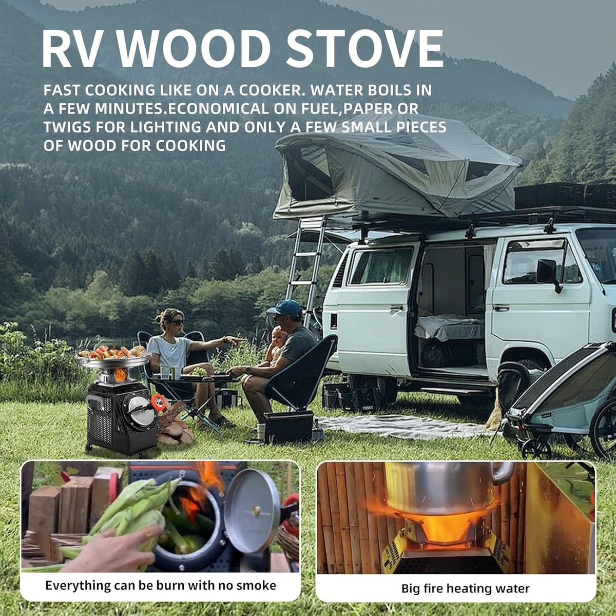 Wood Burning Camp Stove - Stainless Steel, Black, 16in L x 13in W x 17in H