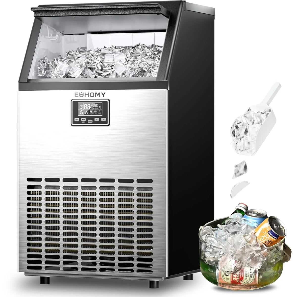 Euhomy Commercial Under Counter Ice Maker, 100lbs/24H, 33lbs Storage, Stainless Steel - IM-02