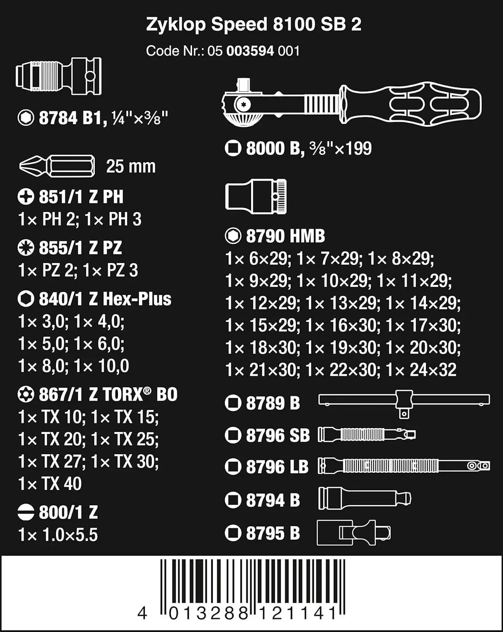 8100 SB 2 Zyklop 3/8 Inch Metric Ratchet Set, 43 Piece - 05003594001