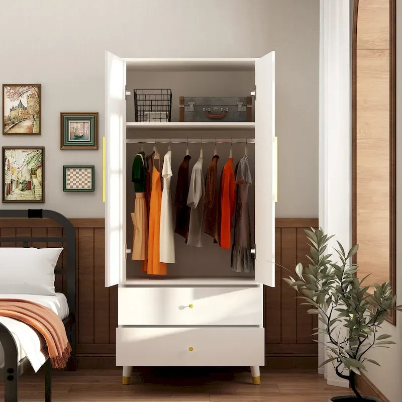 2-Door Wardrobe Closet Armoire With 2 Drawers And Clothes Rail - 70.9H x 31.5W x 19.1D