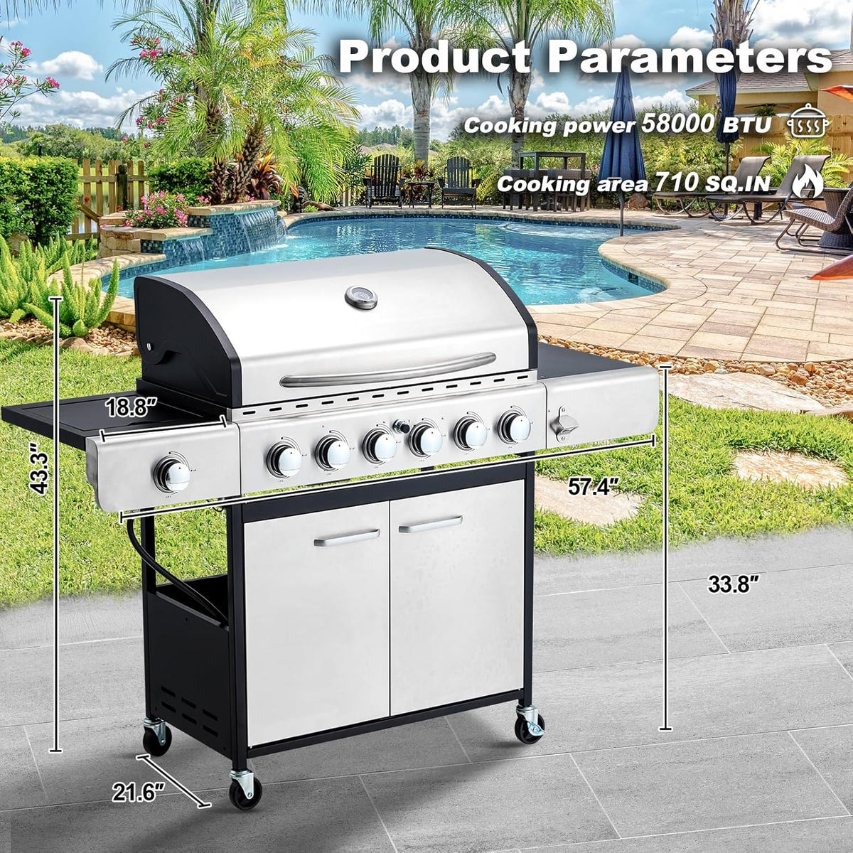 4-Burner Propane Gas Grill With Cast Iron Grates, Side Stove And 44,000 BTU Stainless Steel Burners