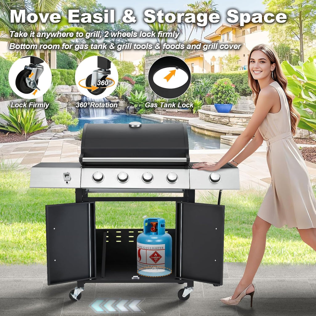 4-Burner Propane Gas Grill With Cast Iron Grates, Side Stove And 44,000 BTU Stainless Steel Burners