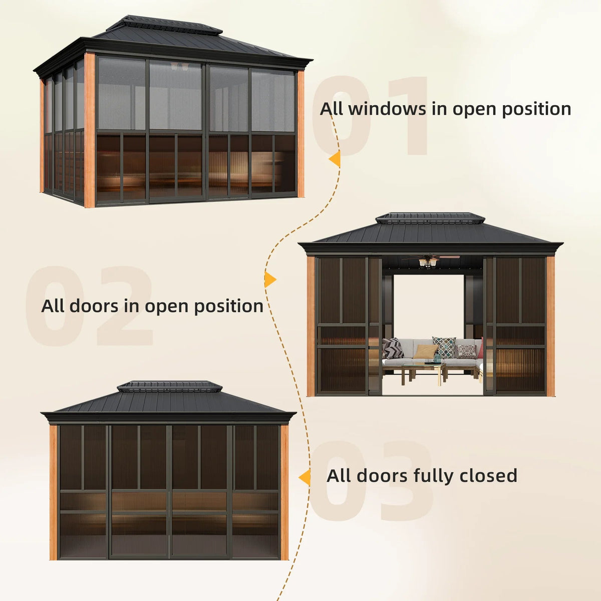 EROMMY Sunroom 10 x 12 ft With Galvanized Steel Double Roof, Aluminum Alloy Frame, Wood Grain Appearance