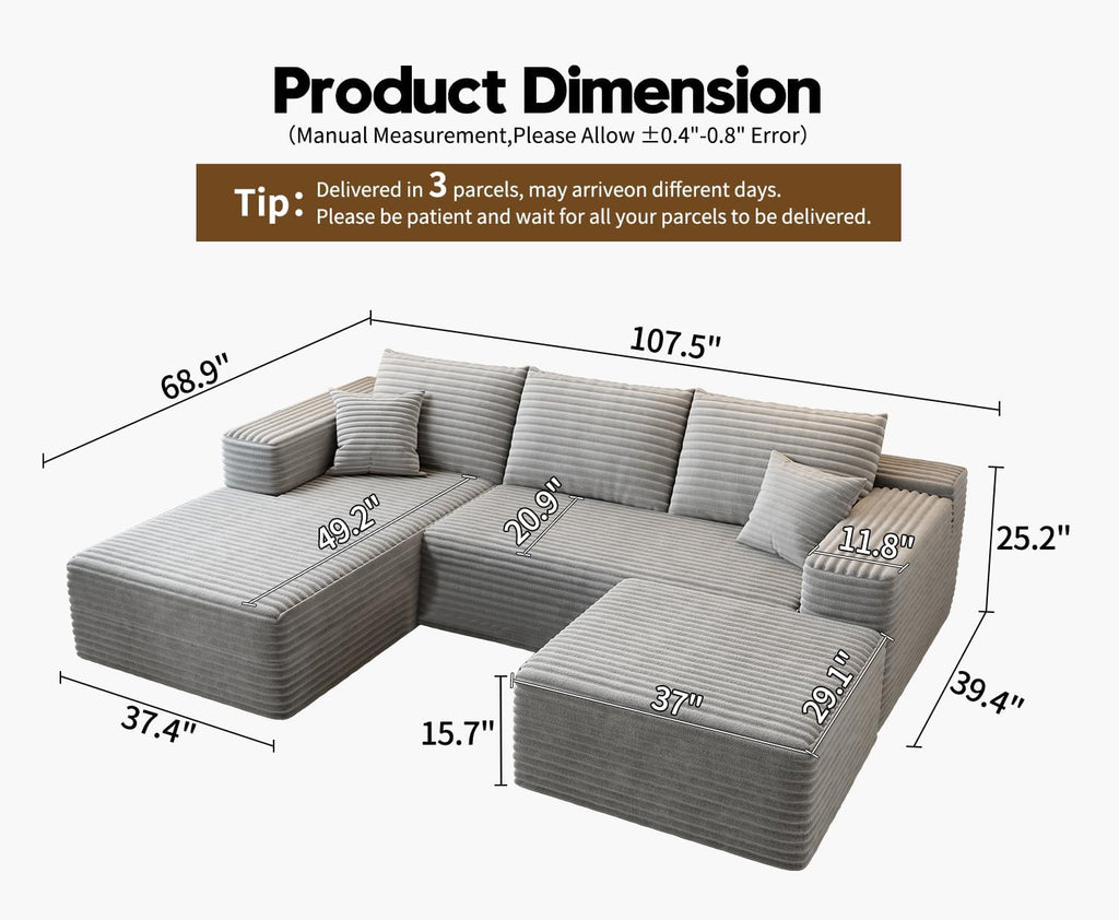 Settab Modular Sectional Sofa, 2 Seater Left-Facing Chaise, Black, 68.9 inch D x 107.5 inch W x 36.3 inch H