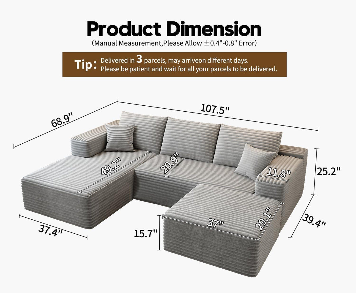 Settab Modular Sectional Sofa, 2 Seater Left-Facing Chaise, Black, 68.9 inch D x 107.5 inch W x 36.3 inch H