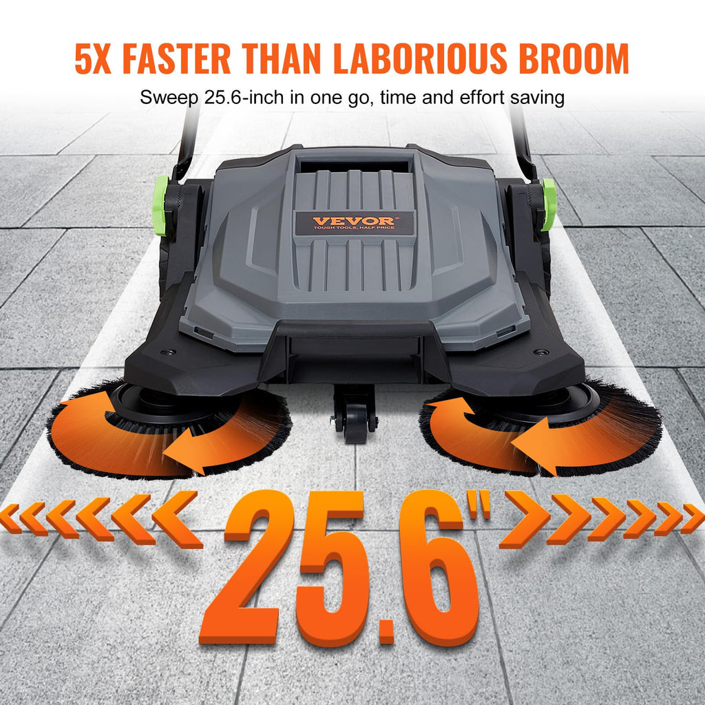 Walk-Behind Hand Push Floor Sweeper, 25.6-Inch Sweeping Path, 5-Gallon Waste Container