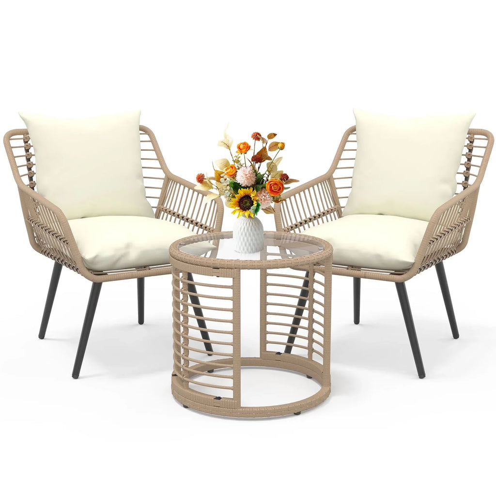 3-Piece Steel Outdoor Bistro Set With Metal Chairs And Glass Top Table - Beige