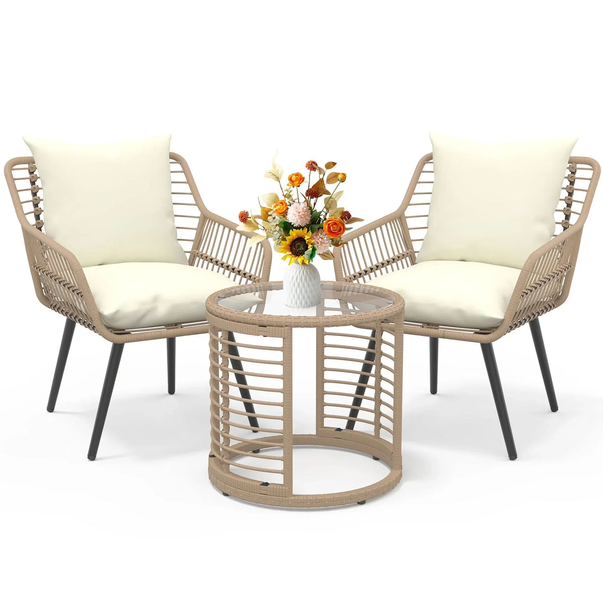 3-Piece Steel Outdoor Bistro Set With Metal Chairs And Glass Top Table - Beige