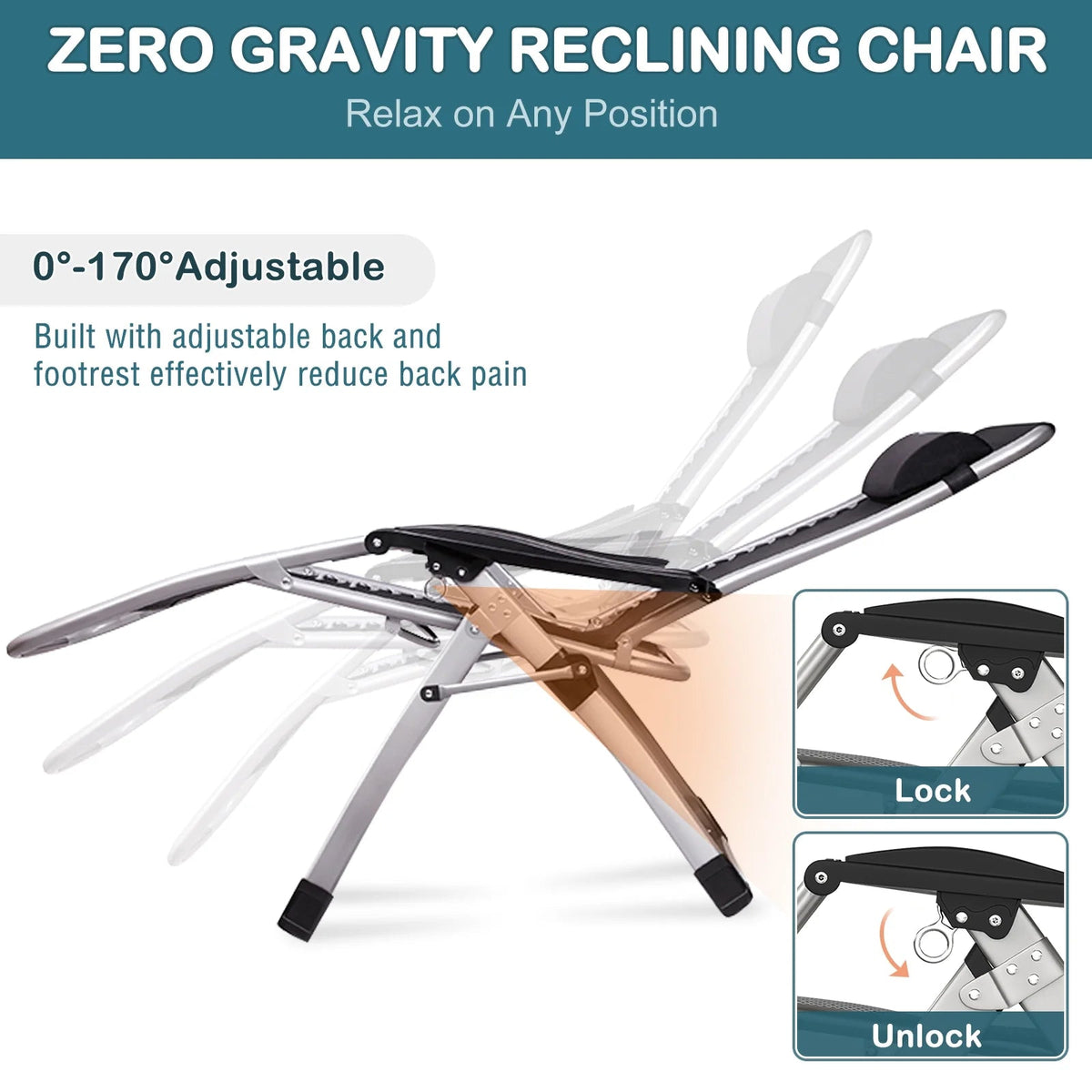 NAIZEA Zero Gravity Lawn Recliner Chairs, 2 Pack, Black