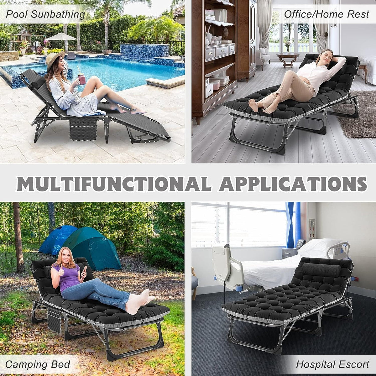 Slsy 5-Position Adjustable Folding Lounge Chair And Cot - 75.2" x 25.6" x 11.8"