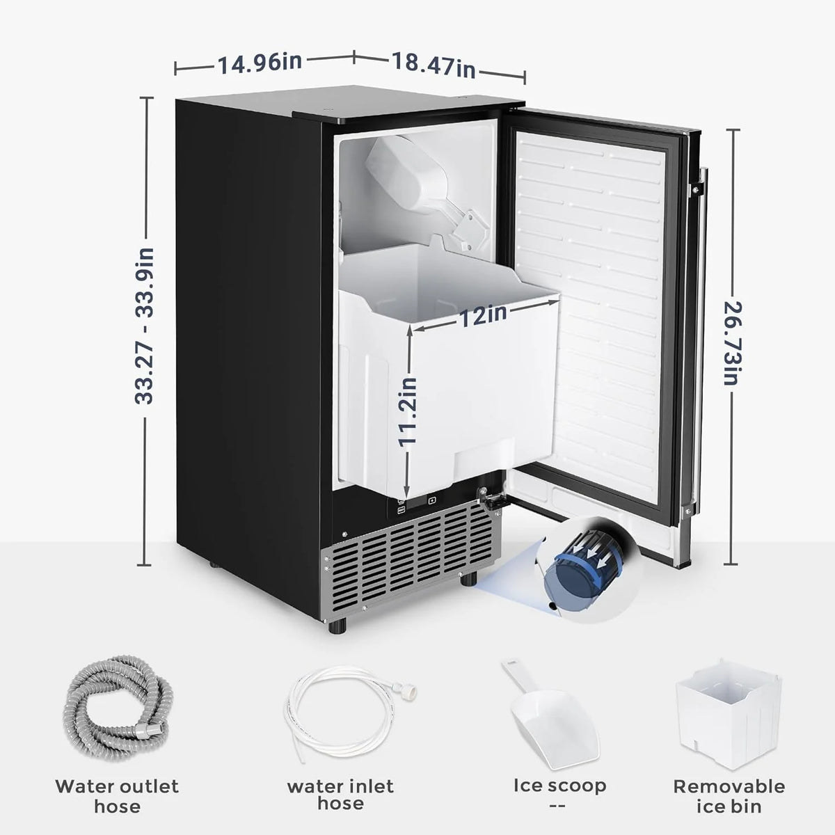 Commercial Under Counter Ice Maker, 80lbs/Day, 24lbs Ice Storage, Built-In Drain Pump