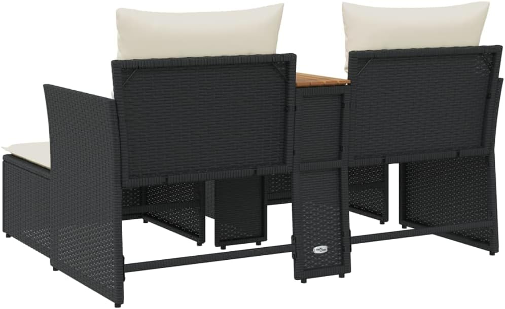 Black PE Rattan 2-Seat Patio Sofa With Canopy, Table And Stools, 56.7 x 36.2 x 27.2 in