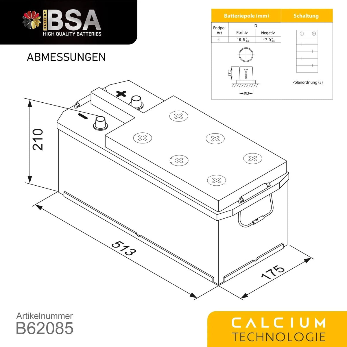 BSA Truck Starter Battery 120Ah 12V 850A