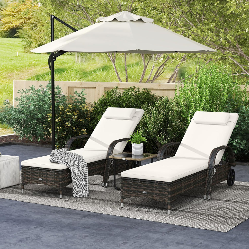 Outsunny PE Rattan Outdoor Chaise Lounge Chair With Wheels, Cushion And Headrest, Brown And Dark Blue - 5-Level Adjustable Backrest
