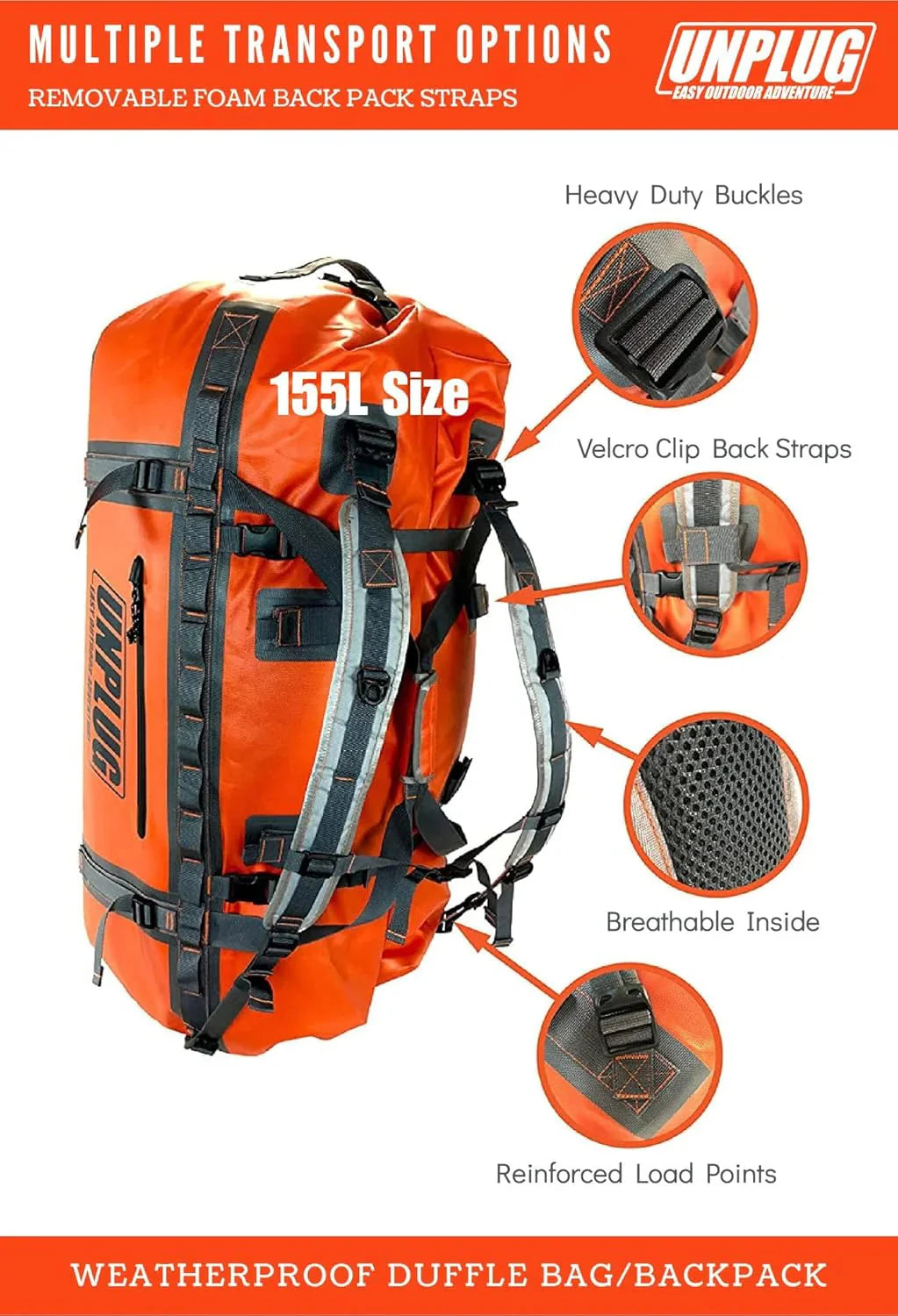 UNPLUG Waterproof Duffel Backpack, 65L, Adventure Orange - 100000