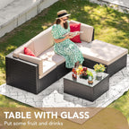 Devoko 5-Piece Outdoor Sectional Patio Sofa Set With Cushions And Glass Table - Beige